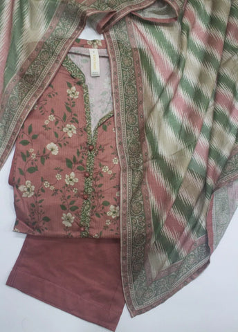 3 Piece Printed Stitched Peach Pink Color Lawn Shirt with Trouser & Dupatta