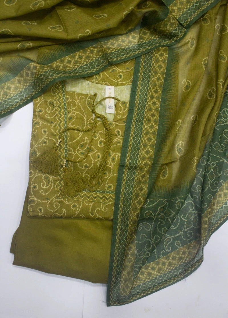3 Piece Printed Stitched Olive Green Color Lawn Shirt with Trouser & Dupatta