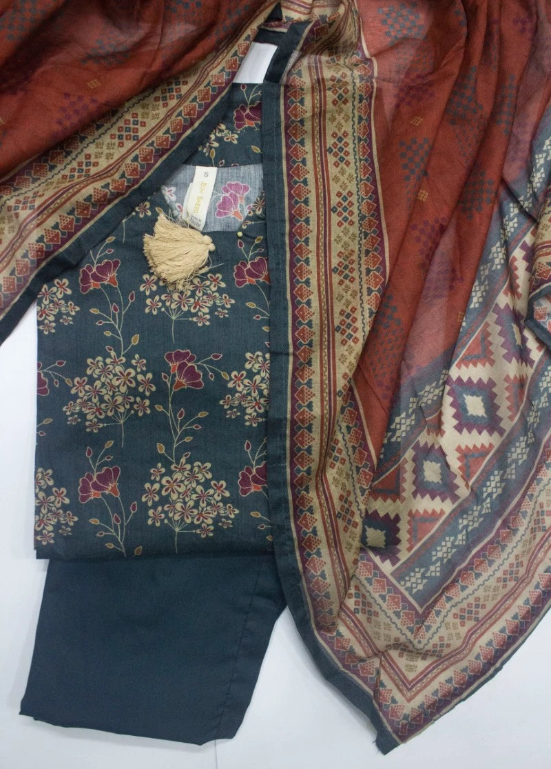 3 Piece Printed Stitched Teal Color Lawn Shirt with Trouser & Dupatta