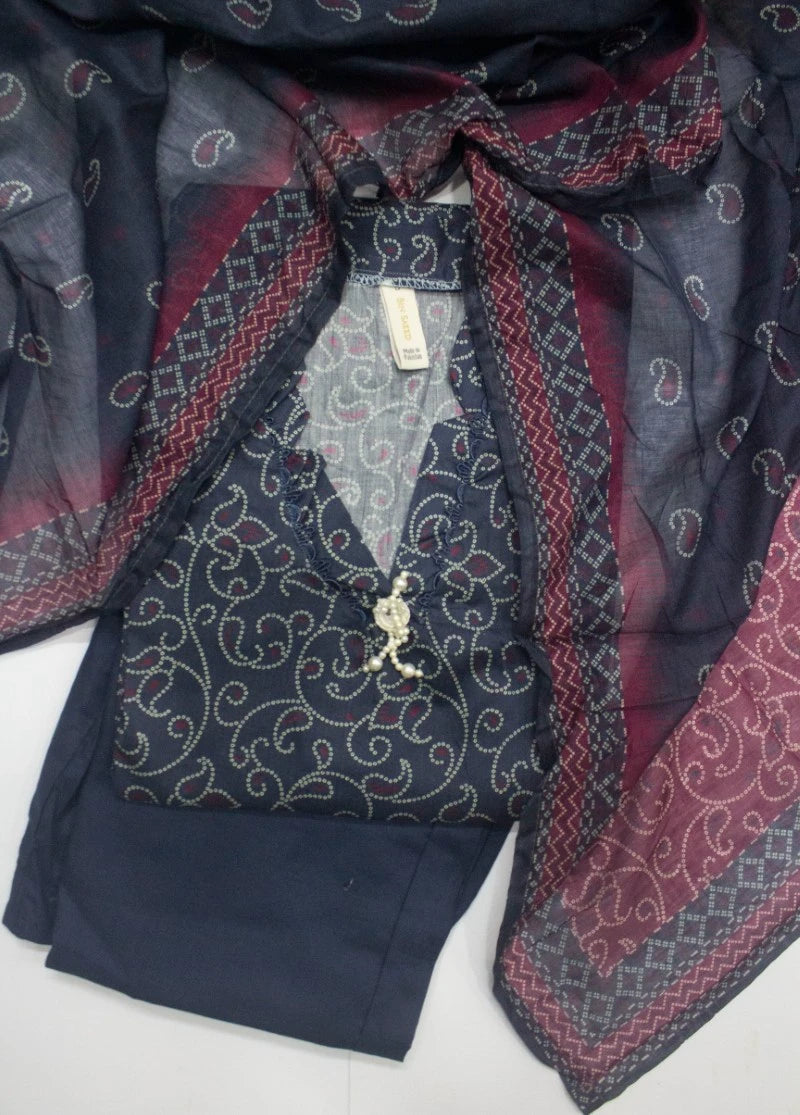 3 Piece Printed Stitched Navy Blue Color Lawn Shirt with Trouser & Dupatta