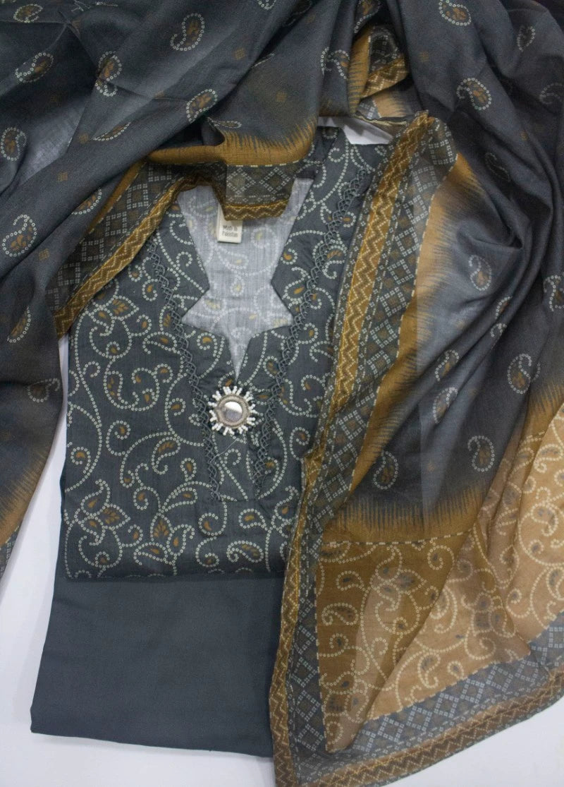3 Piece Printed Stitched Grey Color Lawn Shirt with Trouser & Dupatta