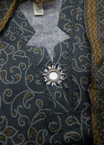 3 Piece Printed Stitched Grey Color Lawn Shirt with Trouser & Dupatta