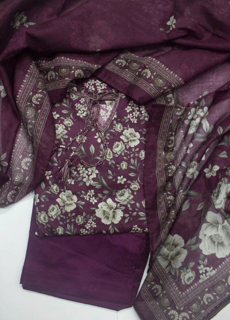 3 Piece Printed Stitched Plum Color Lawn Shirt with Trouser & Dupatta