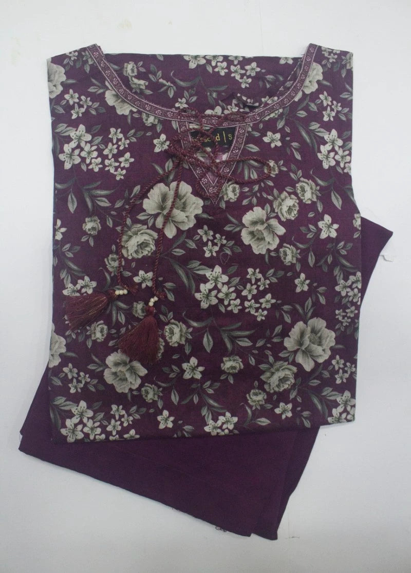 2 Piece Printed Stitched Plum Color Lawn Shirt and Farshi Shalwar