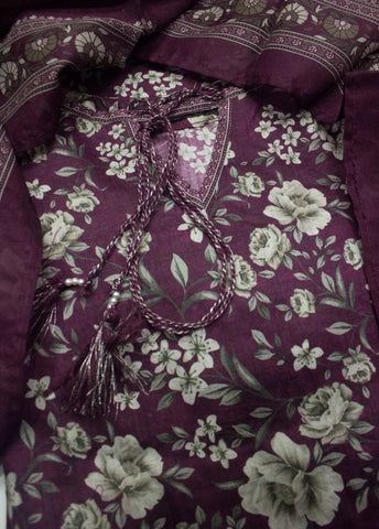 3 Piece Printed Stitched Plum Color Lawn Shirt with Trouser & Dupatta