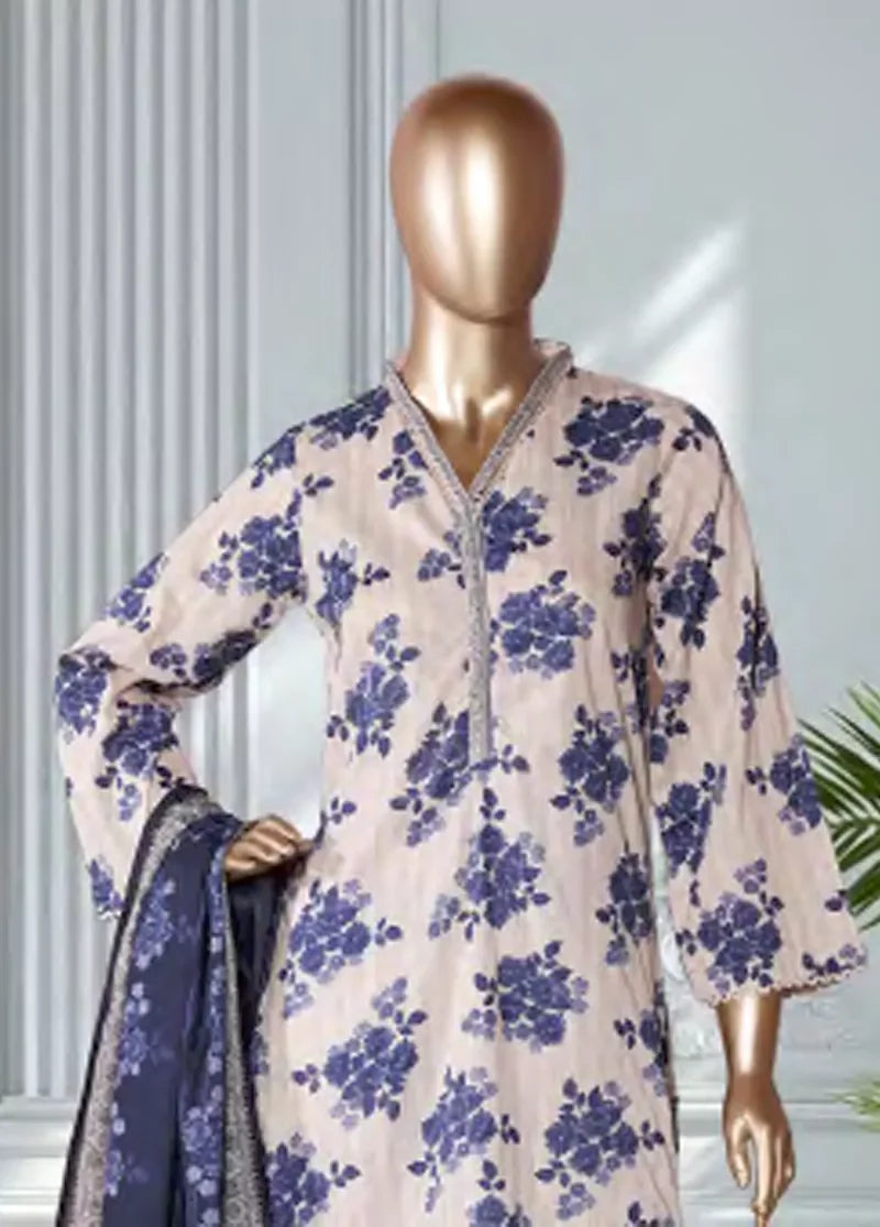 3 Piece Printed OffWhite & Blue Color Lawn Shirt with Trouser & Dupatta