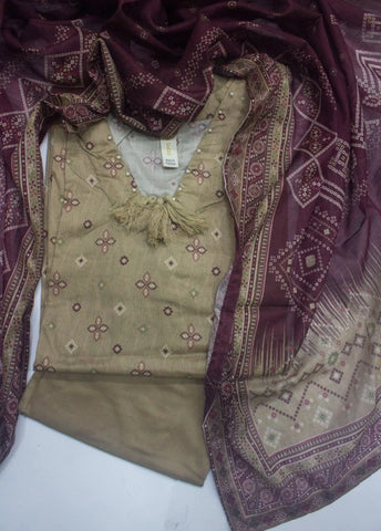 3 Piece Printed Stitched Beige Color Lawn Shirt with Trouser & Dupatta