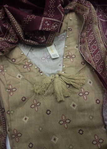 3 Piece Printed Stitched Beige Color Lawn Shirt with Trouser & Dupatta