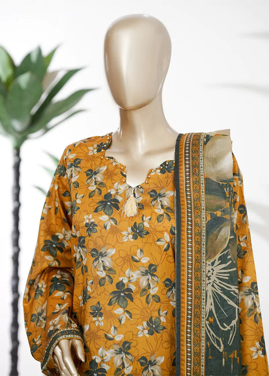 3 Piece Printed Stitched Honey Orange Color Lawn Shirt with Trouser & Dupatta