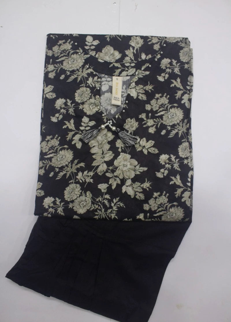 2 Piece Printed Stitched Black Color Lawn Shirt and Farshi Shalwar