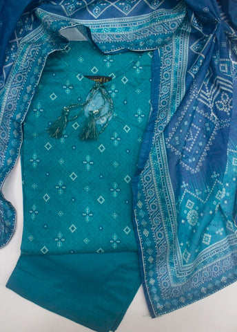 3 Piece Printed Stitched Aqua Blue Color Lawn Shirt with Trouser & Dupatta