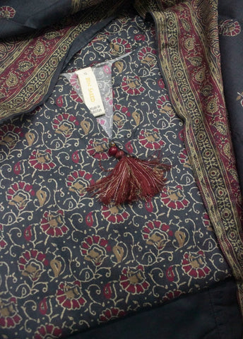 3 Piece Printed Stitched Black Color Lawn Shirt with Trouser & Dupatta