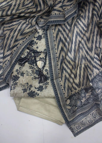 3 Piece Printed Stitched Beige Color Lawn Shirt with Trouser & Dupatta