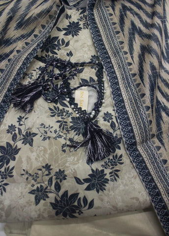 3 Piece Printed Stitched Beige Color Lawn Shirt with Trouser & Dupatta