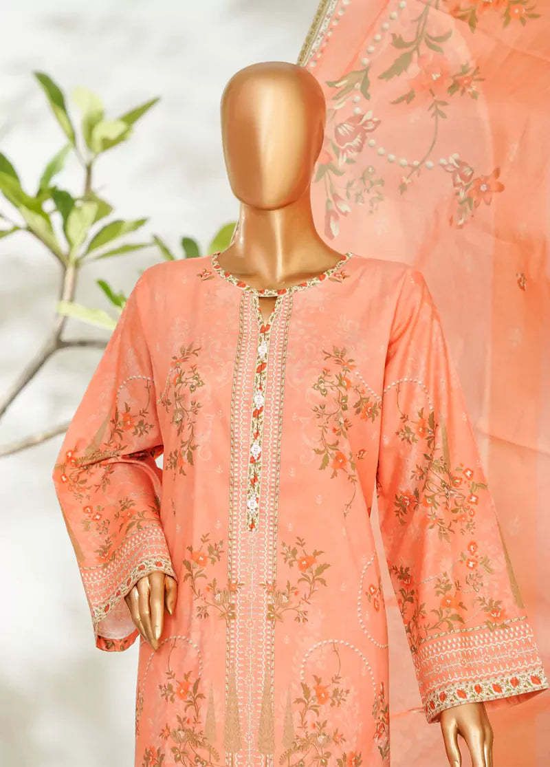 3 Piece Printed Peach Color Lawn Shirt with Trouser & Dupatta