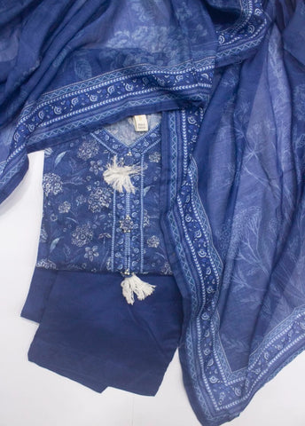3 Piece Printed Stitched Ink Blue Color Lawn Shirt with Trouser & Dupatta