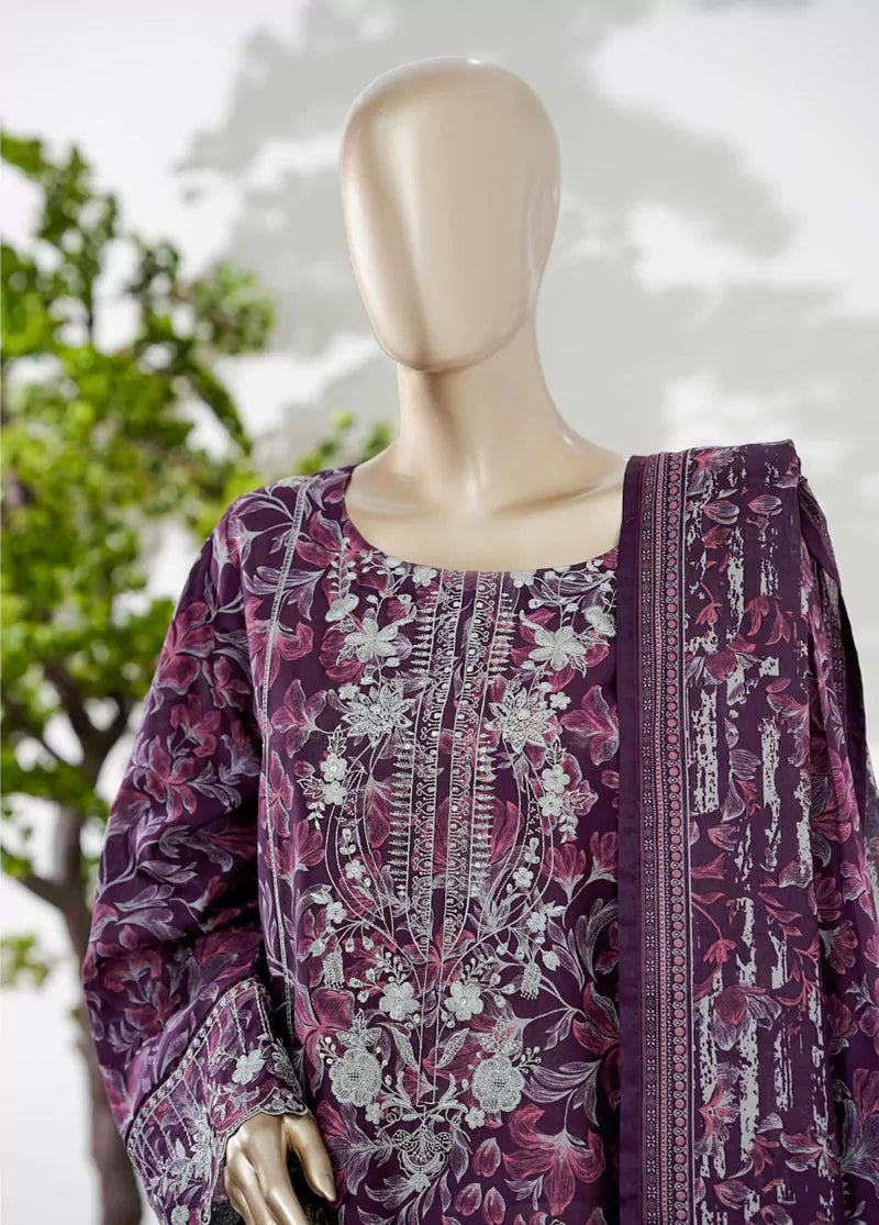 3 Piece Plum Color Embroidered Lawn Shirt with Trouser & Dupatta