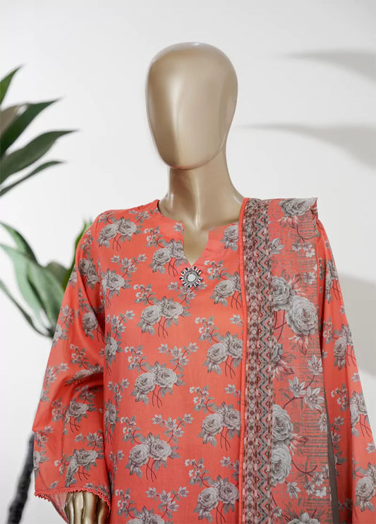 3 Piece Printed Stitched Coral Color Lawn Shirt with Trouser & Dupatta