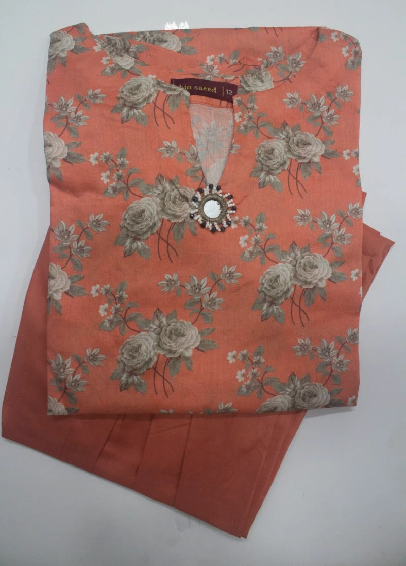 2 Piece Printed Stitched Peonny Peach Color Lawn Shirt and Farshi Shalwar