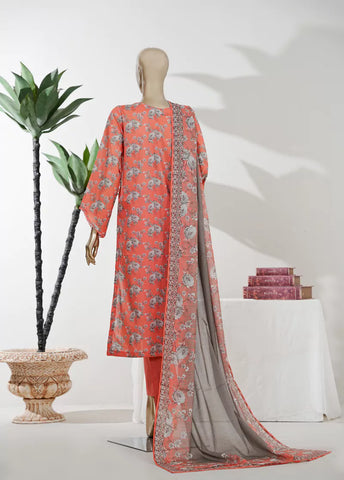 3 Piece Printed Stitched Coral Color Lawn Shirt with Trouser & Dupatta
