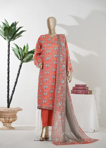 3 Piece Printed Stitched Coral Color Lawn Shirt with Trouser & Dupatta