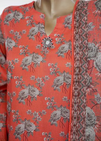 3 Piece Printed Stitched Coral Color Lawn Shirt with Trouser & Dupatta