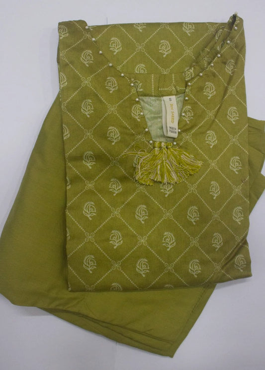 2 Piece Printed Stitched Olive Green Color Lawn Shirt and Farshi Trouser
