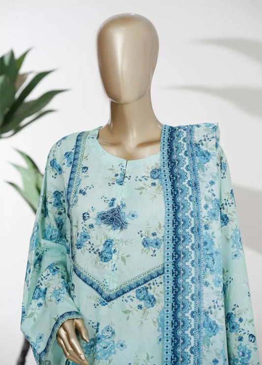 3 Piece Printed Stitched Light Blue Color Lawn Shirt with Trouser & Dupatta