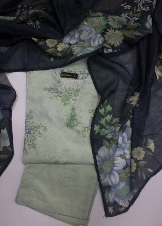 3 Piece Printed Stitched Pista Green Color Lawn Shirt with Trouser & Dupatta