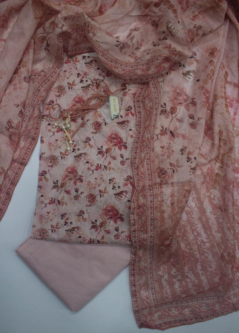 3 Piece Printed Stitched Pastel Pink Color Lawn Shirt with Trouser & Dupatta