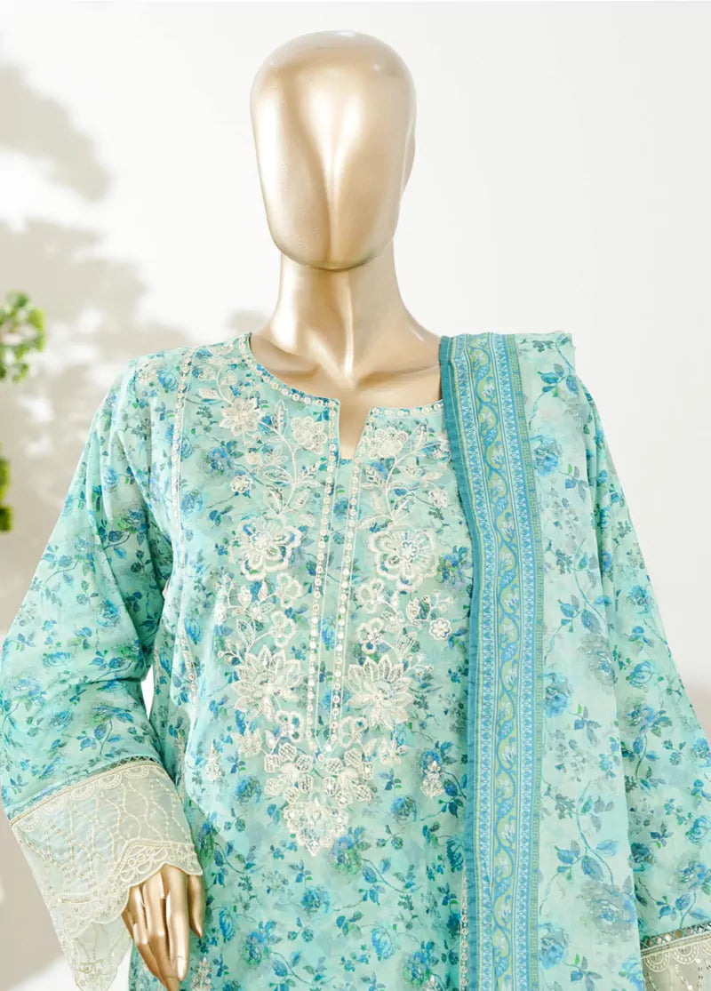 3 Piece Mint Green Color Embroidered Lawn Shirt with Bell Bottom Trouser & Dupatta