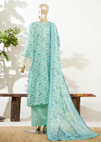 3 Piece Mint Green Color Embroidered Lawn Shirt with Bell Bottom Trouser & Dupatta