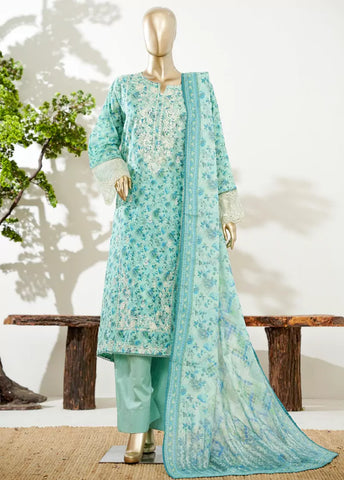 3 Piece Mint Green Color Embroidered Lawn Shirt with Bell Bottom Trouser & Dupatta
