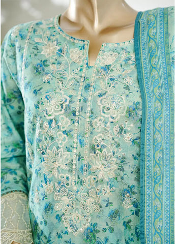 3 Piece Mint Green Color Embroidered Lawn Shirt with Bell Bottom Trouser & Dupatta