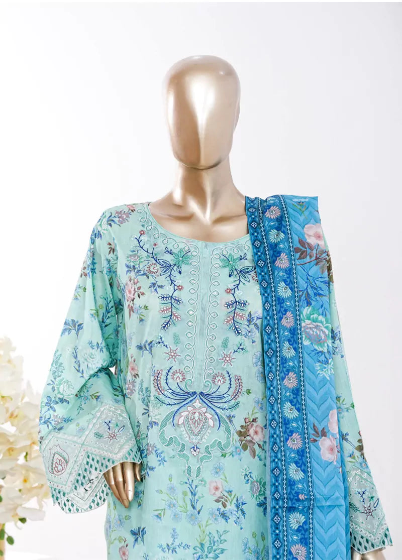 3 Piece Aqua Blue Color Embroidered Lawn Shirt with Bell Bottom Trouser & Dupatta