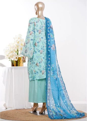 3 Piece Aqua Blue Color Embroidered Lawn Shirt with Bell Bottom Trouser & Dupatta