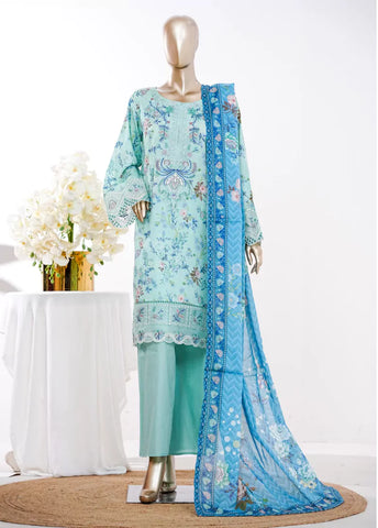 3 Piece Aqua Blue Color Embroidered Lawn Shirt with Bell Bottom Trouser & Dupatta