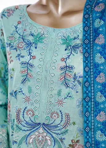 3 Piece Aqua Blue Color Embroidered Lawn Shirt with Bell Bottom Trouser & Dupatta