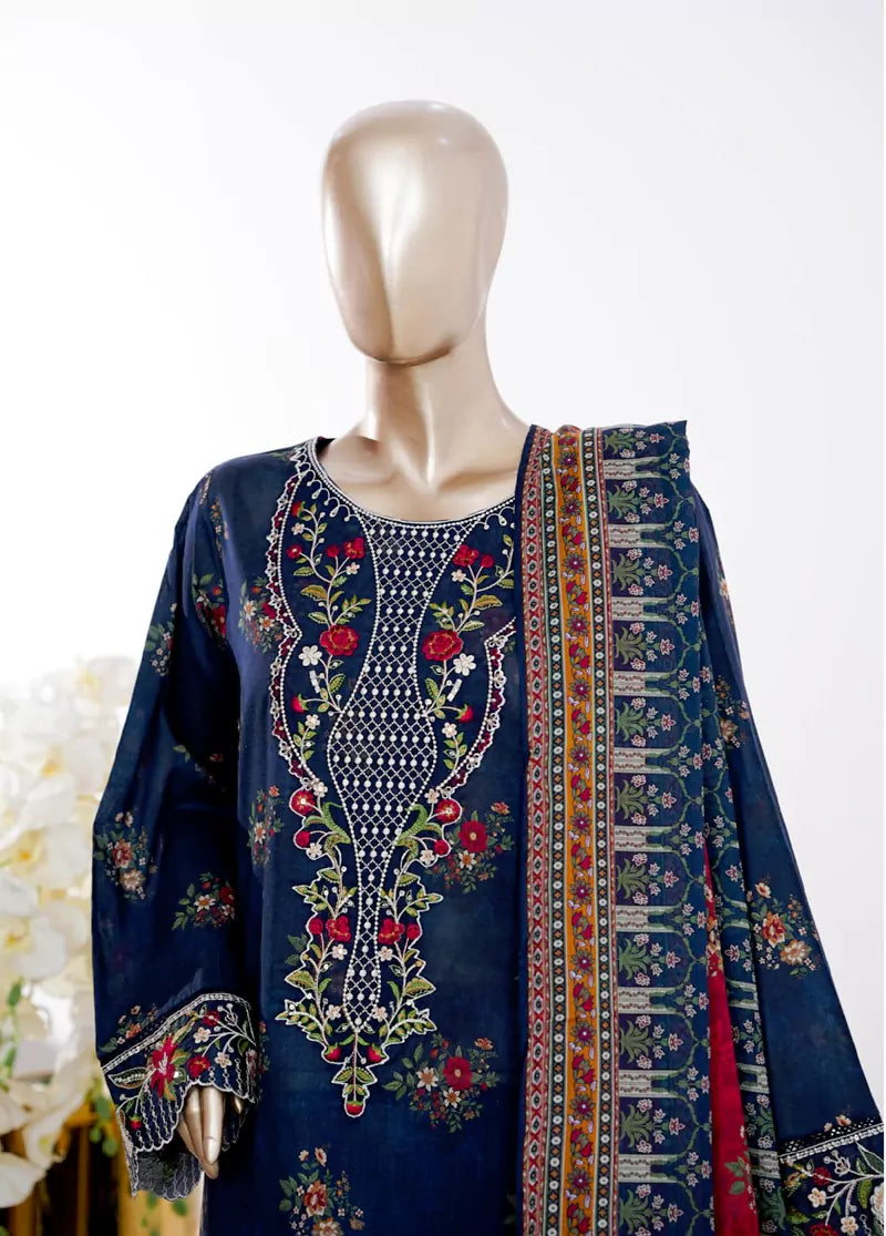 3 Piece Navy Blue Color Embroidered Lawn Shirt with Bell Bottom Trouser & Dupatta