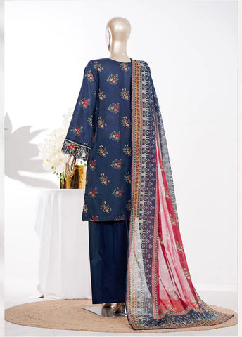 3 Piece Navy Blue Color Embroidered Lawn Shirt with Bell Bottom Trouser & Dupatta