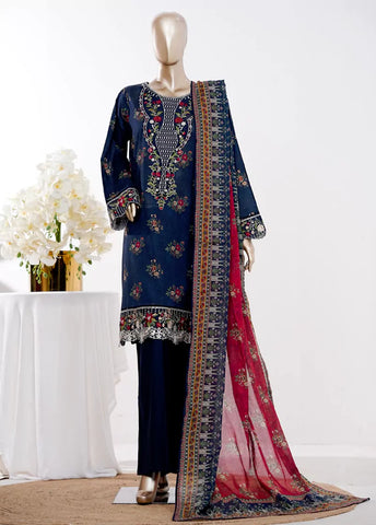 3 Piece Navy Blue Color Embroidered Lawn Shirt with Bell Bottom Trouser & Dupatta
