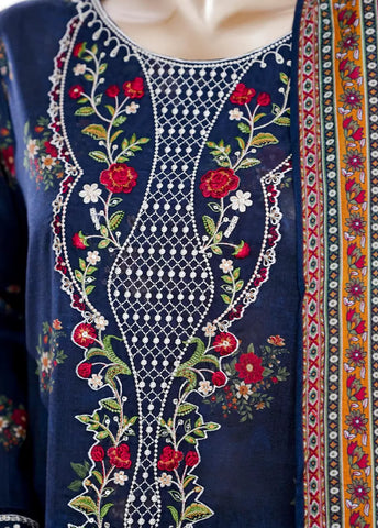 3 Piece Navy Blue Color Embroidered Lawn Shirt with Bell Bottom Trouser & Dupatta