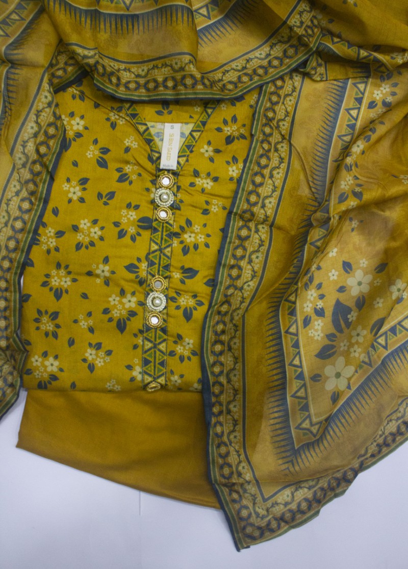 3 Piece Printed Stitched Mustard Color Lawn Shirt with Trouser & Dupatta