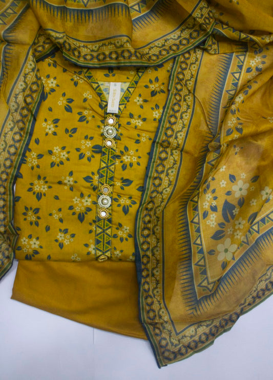 3 Piece Printed Stitched Mustard Color Lawn Shirt with Trouser & Dupatta