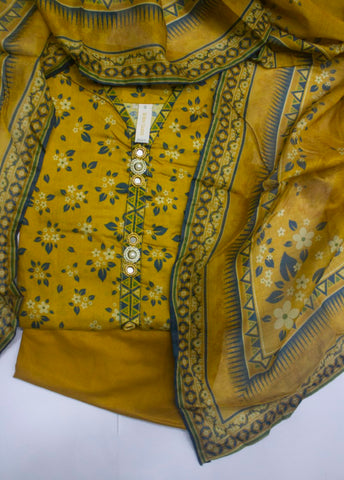 3 Piece Printed Stitched Mustard Color Lawn Shirt with Trouser & Dupatta