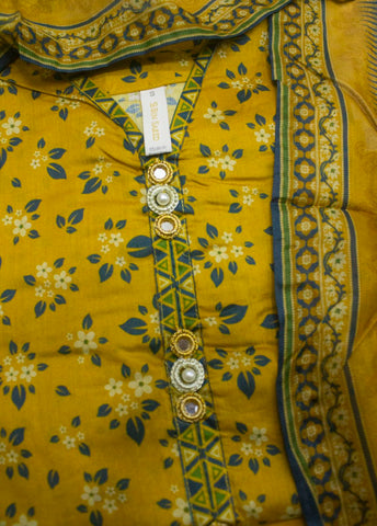 3 Piece Printed Stitched Mustard Color Lawn Shirt with Trouser & Dupatta