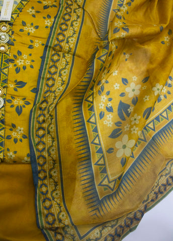 3 Piece Printed Stitched Mustard Color Lawn Shirt with Trouser & Dupatta