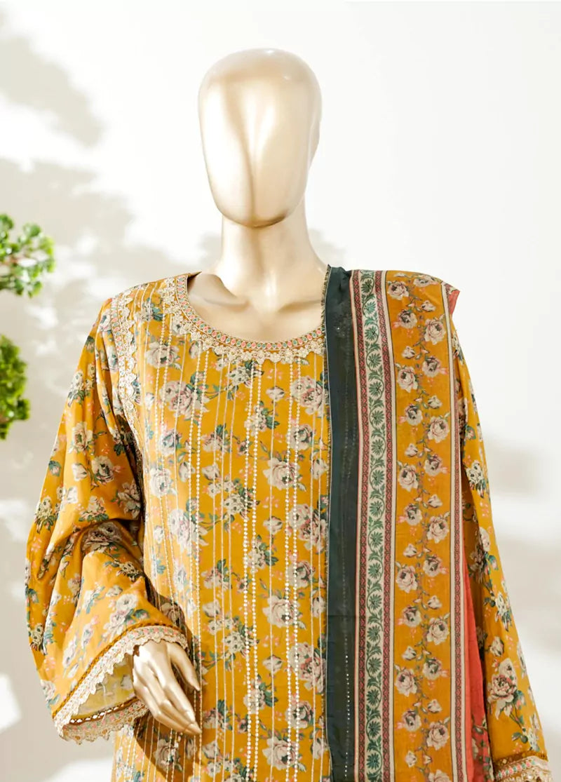 3 Piece Merigold Orange Color Embroidered Lawn Shirt with Bell Bottom Trouser & Dupatta