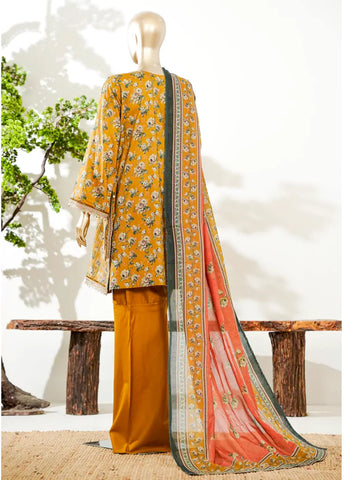 3 Piece Merigold Orange Color Embroidered Lawn Shirt with Bell Bottom Trouser & Dupatta