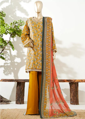 3 Piece Merigold Orange Color Embroidered Lawn Shirt with Bell Bottom Trouser & Dupatta